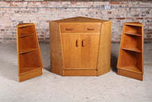 Load image into Gallery viewer, Mid Century G-plan Brandon oak corner desk and 2 matching corner shelves, circa 1950s
