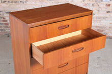 Load image into Gallery viewer, Danish style Mid Century teak chest of 5 drawers with carved teak handles, circa 1960s.
