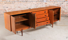 Load image into Gallery viewer, Danish Mid Century teak sideboard with carved rosewood handles.
