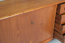 Load image into Gallery viewer, Danish Mid Century teak sideboard with carved rosewood handles.
