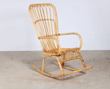 Load image into Gallery viewer, A vintage 1960s Boho bamboo rocking chair.
