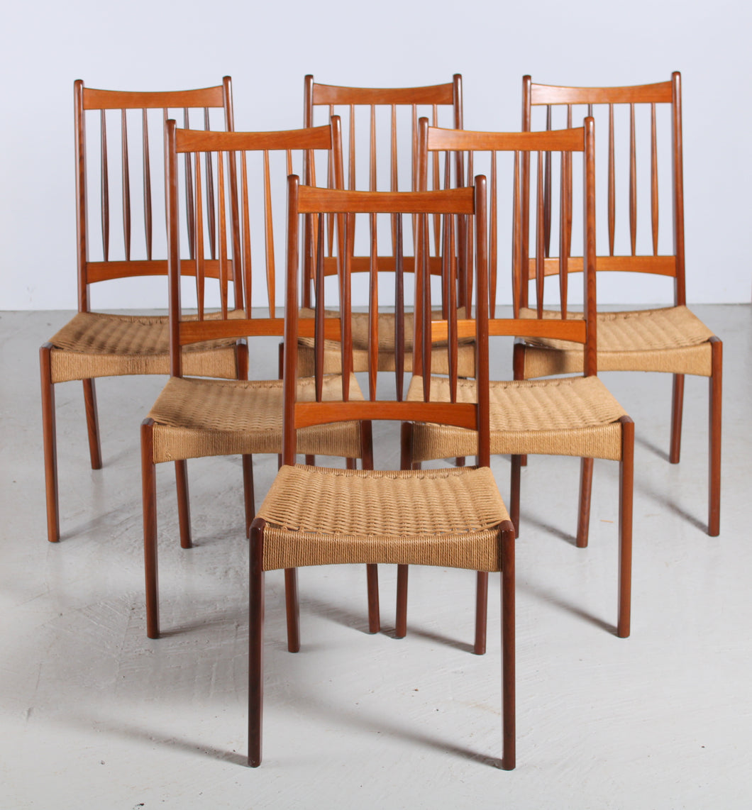 Set of 6 Danish Dining Chairs with weaved papercord seats by Arne Hovmand-Olsen for Mogens Kold, 1960s.