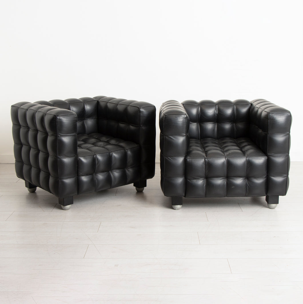Pair of 'Kubus' Black Leather Armchairs in the manner of Josef Hoffmann c.1970