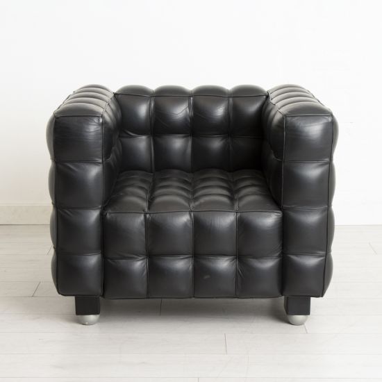 'Kubus' Black Leather Armchair in the manner of Josef Hoffmann c.1970