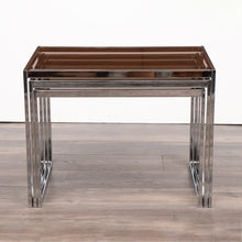 Load image into Gallery viewer, Midcentury Chrome &amp; Smoked Glass Nest of Tables by Howard Miller c.1970
