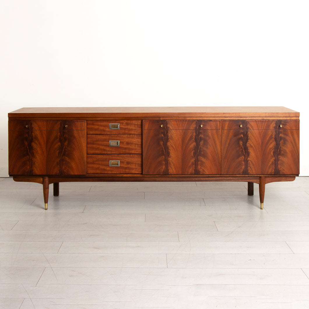 Midcentury Teak & Flamed Mahogany Sideboard with Brass Handles by Greaves & Thomas c.1960