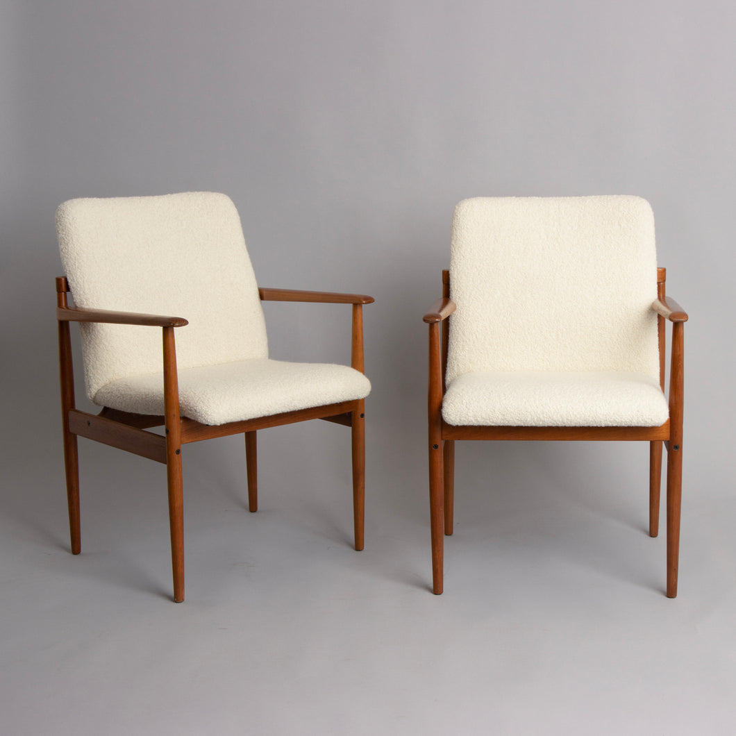 Pair of Midcentury Teak Armchairs newly reupholstered in 100% Wool Boucle Fabric c.1960s